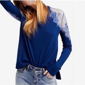 Free People Daniella Top Blue Cotton Lace Sheer Detail Long Sleeve